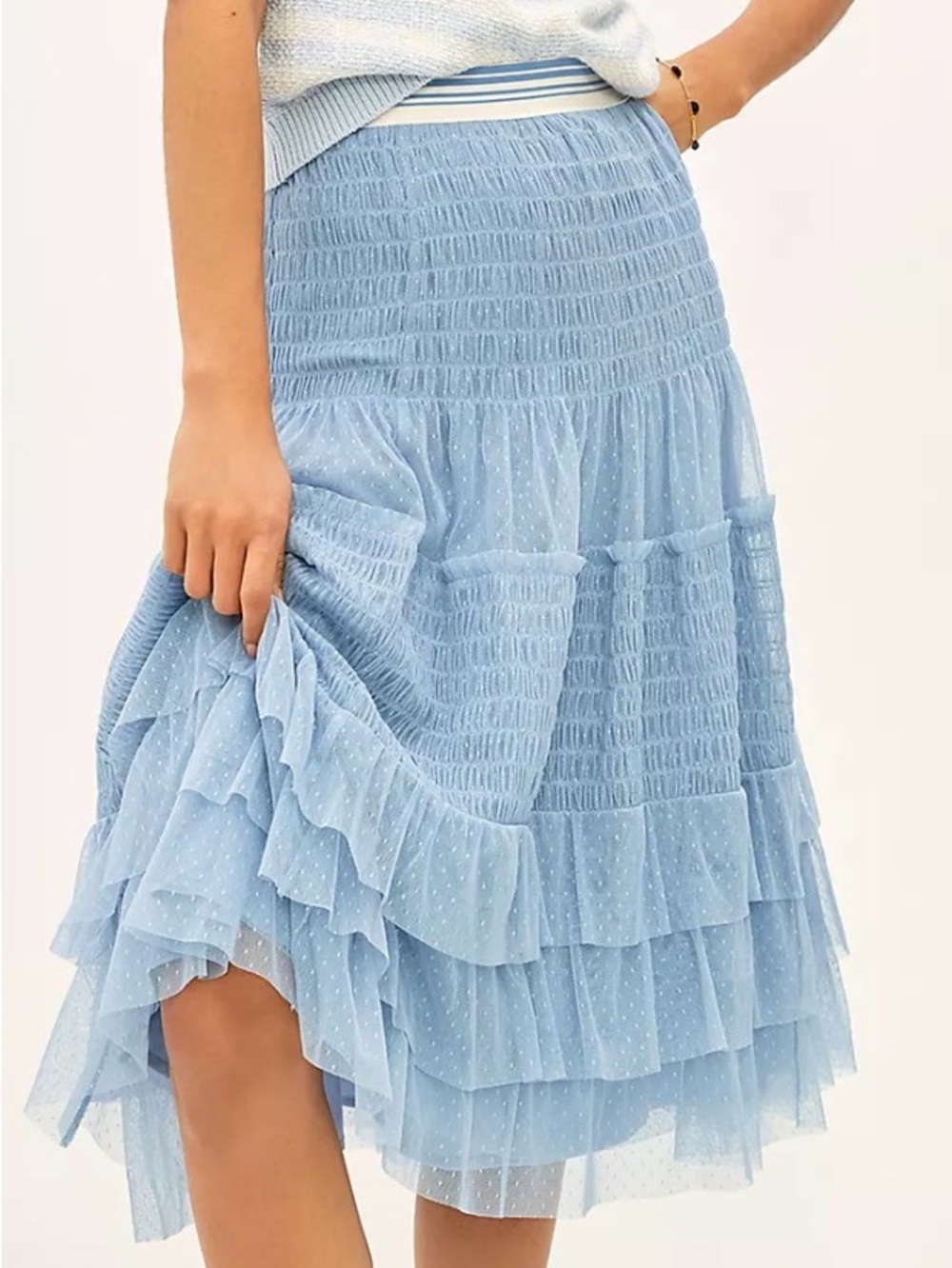 Anthropologie Powder Blue Tiered Swiss-Dot Midi Maeve Tulle Midi Skirt